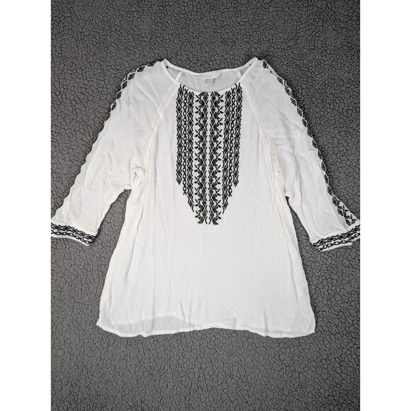Garnet Hill Womens Size Large Blouse White Geometric 3/4 Sleeve Embroidered - Picture 1 of 8